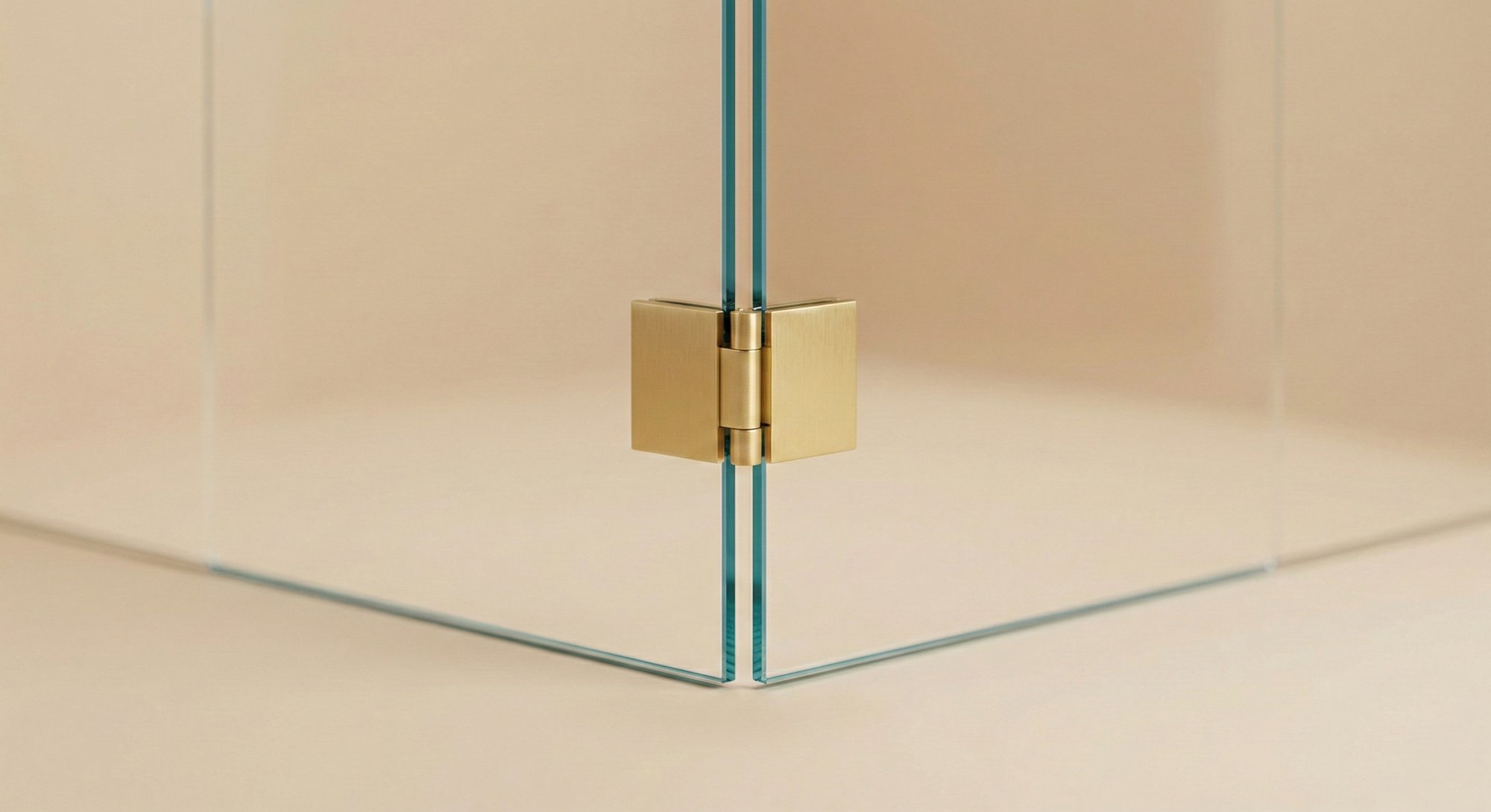 90-degree corner frameless glass enclosure with satin brass hinge