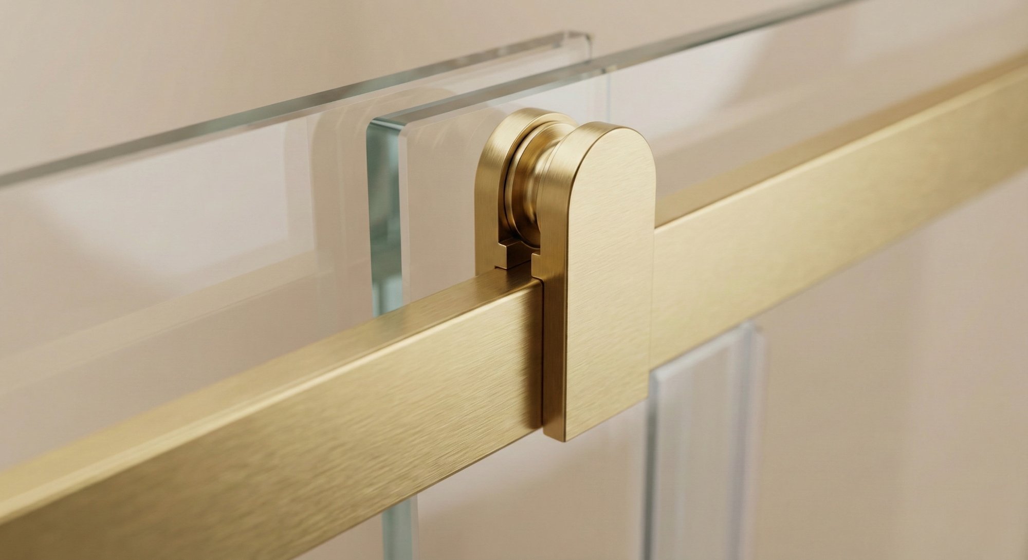 Frameless sliding bypass shower door with satin brass track hardware