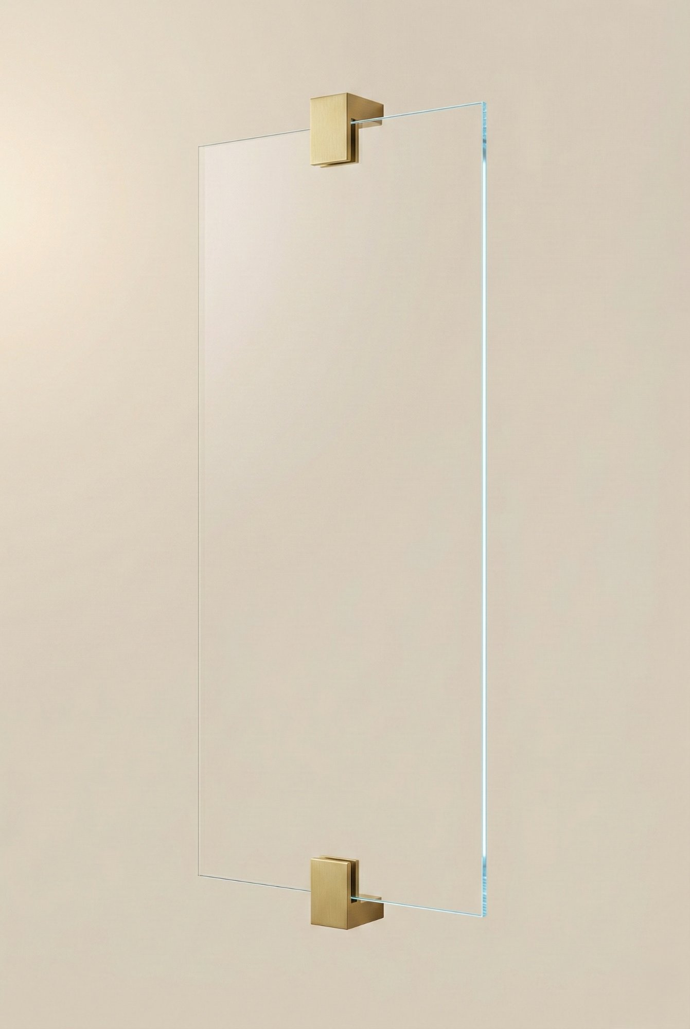 Walk-in frameless glass shower panel with satin brass wall clamps