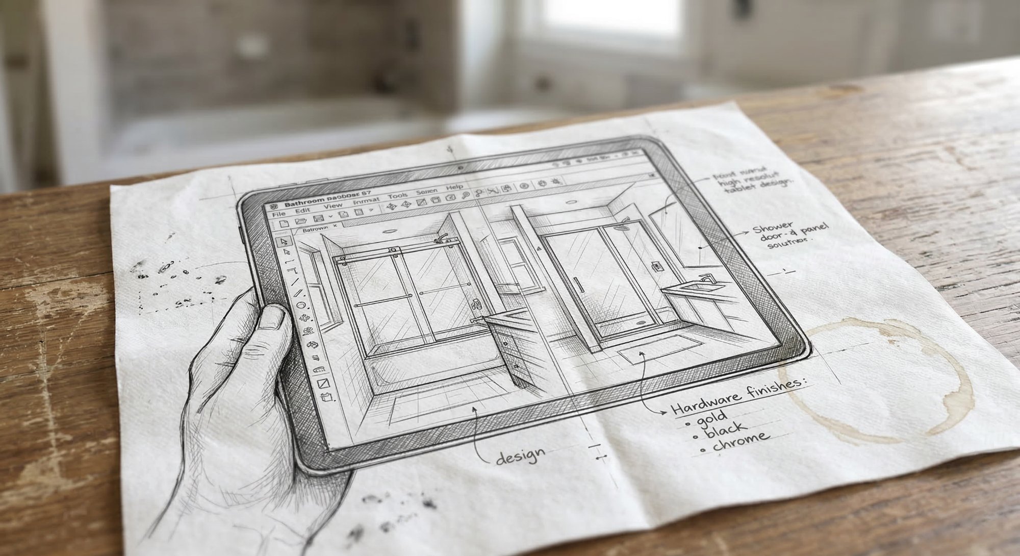 Shower glass design sketch showing bathroom configuration renders on tablet with hardware finish annotations