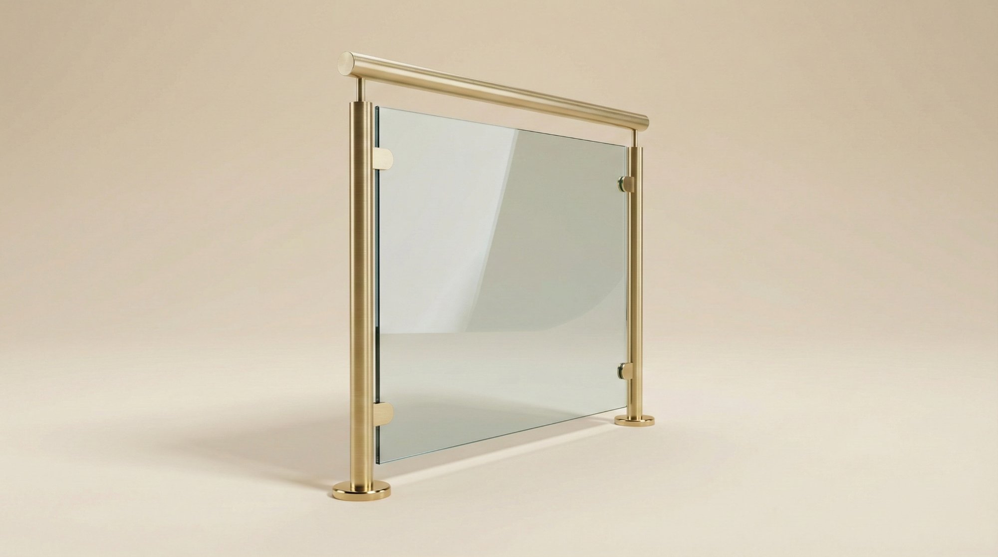 Glass stair railing with gold posts