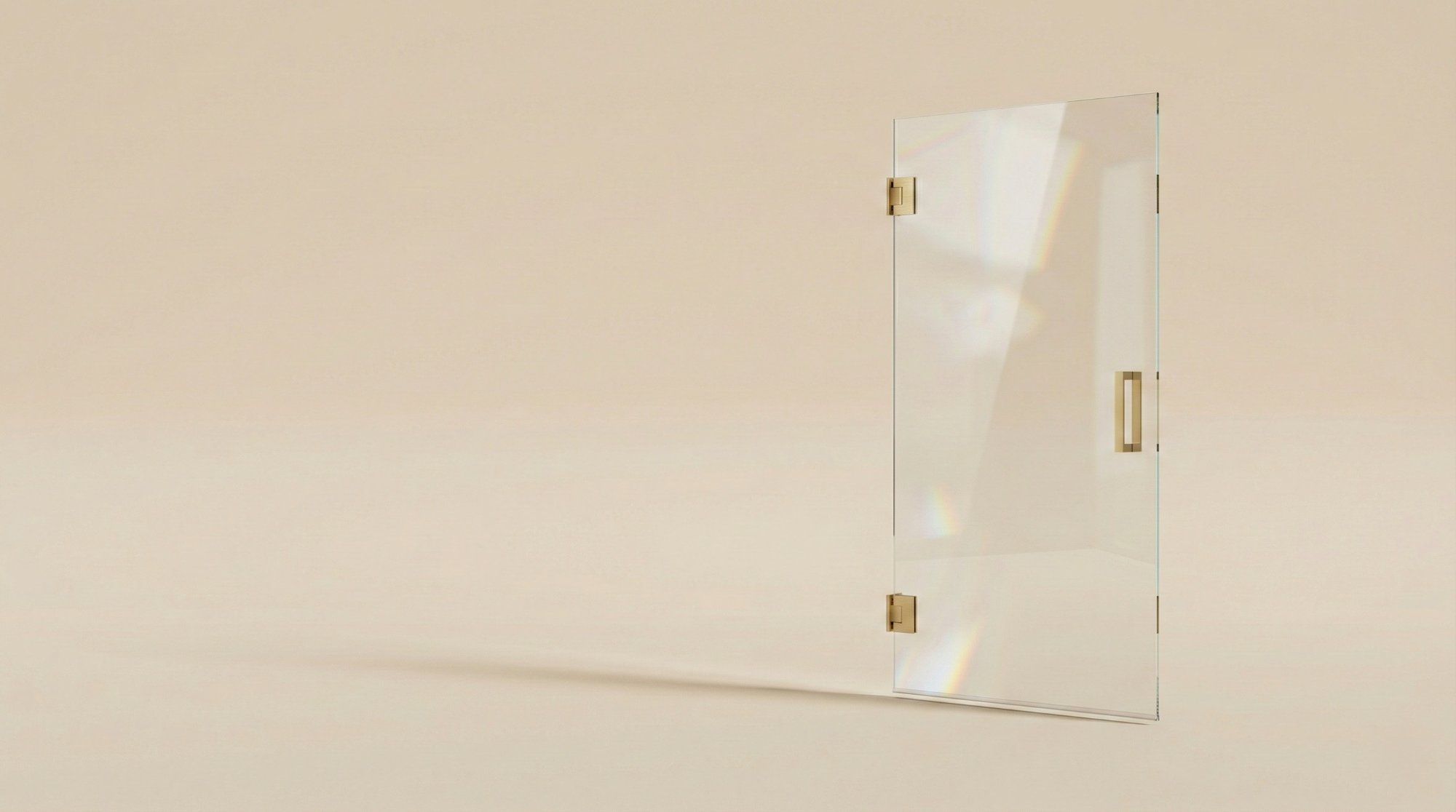 Frameless shower door with gold hinges