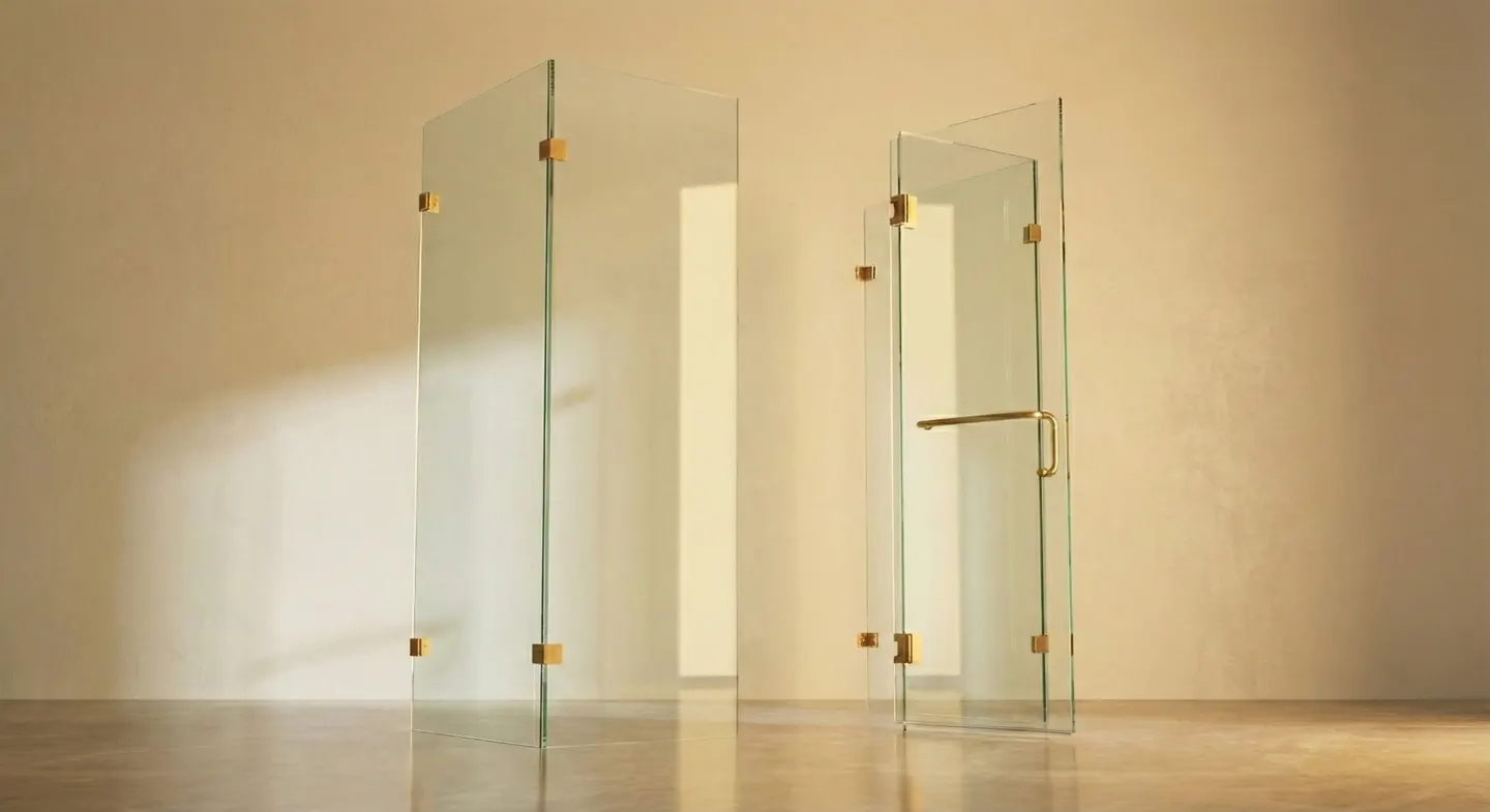 Frameless shower door and fixed panel configuration with satin brass hardware