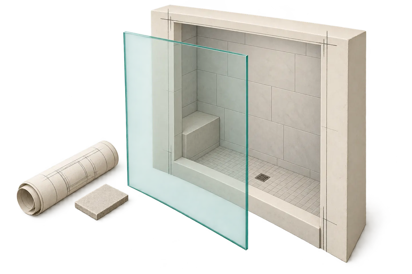 Concept finished shower opening with bench and curb, a separate proposed glass plane and a paper plan beside it.