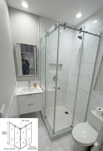 Illustration of a glass enclosure wrapping a shower corner
