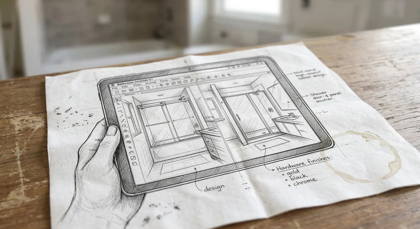 Shower glass planning sketch for a Manhattan bathroom opening