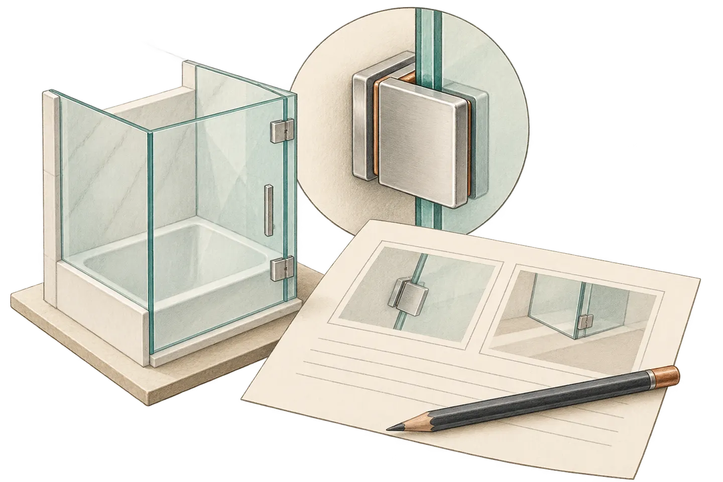 Concept inspection sheet with illustrated glass details beside a small enclosure model and an enlarged simplified fitting.