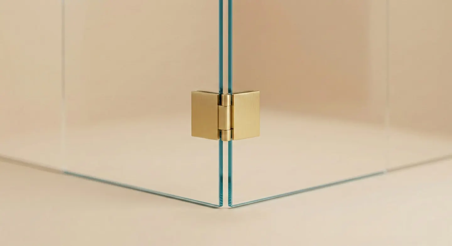 90-degree corner frameless glass enclosure with satin brass hinge
