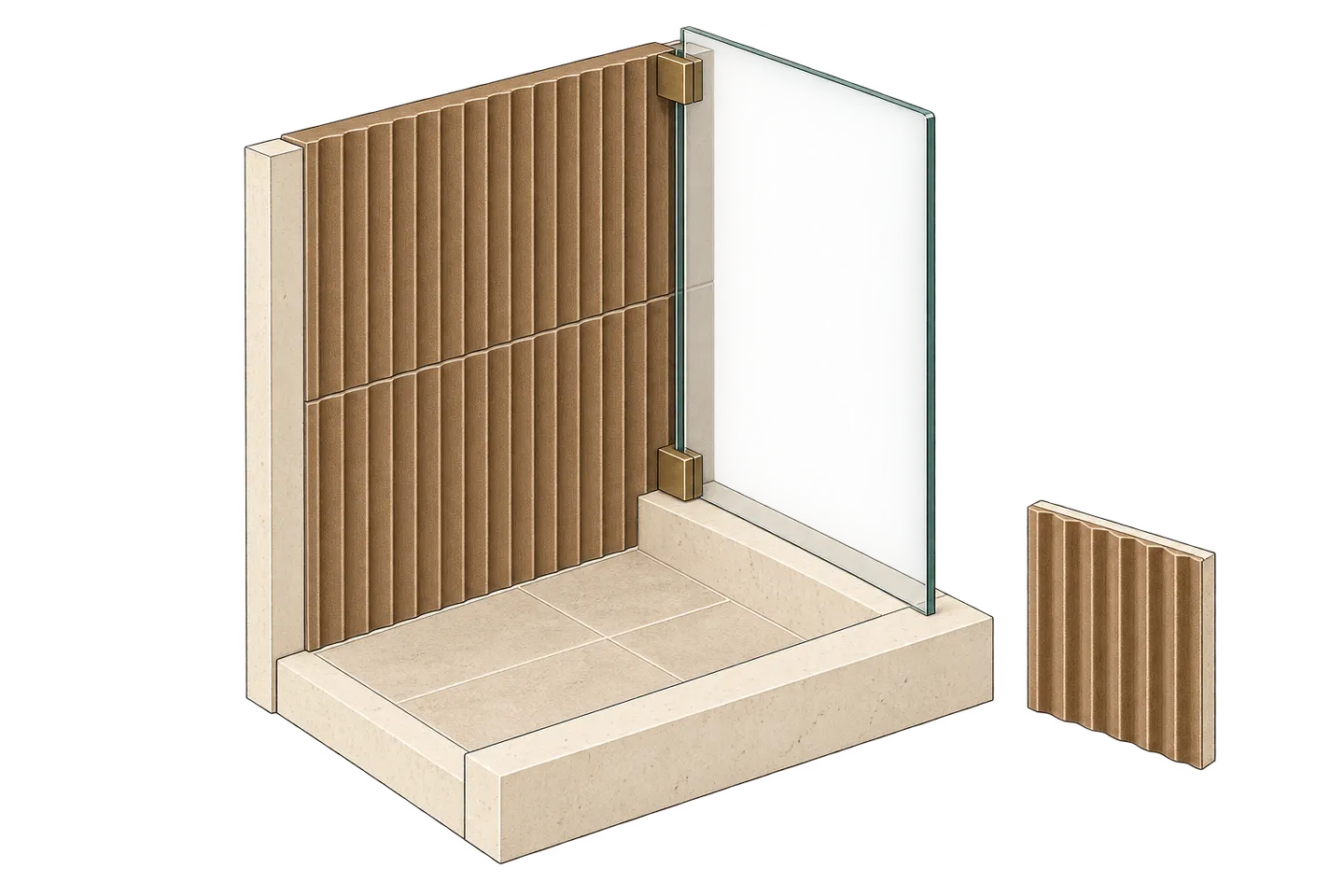 Conceptual shower corner showing clear glass meeting a vertically patterned tile wall and pale curb.